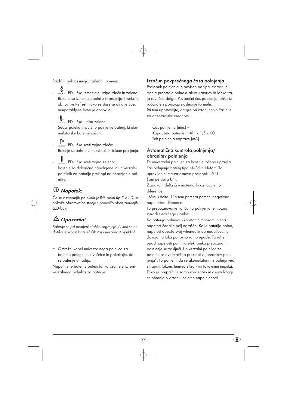 Napotek, Opozorilo, Izračun povprečnega časa polnjenja | Tronic TLG 1000 A1 User Manual | Page 31 / 66