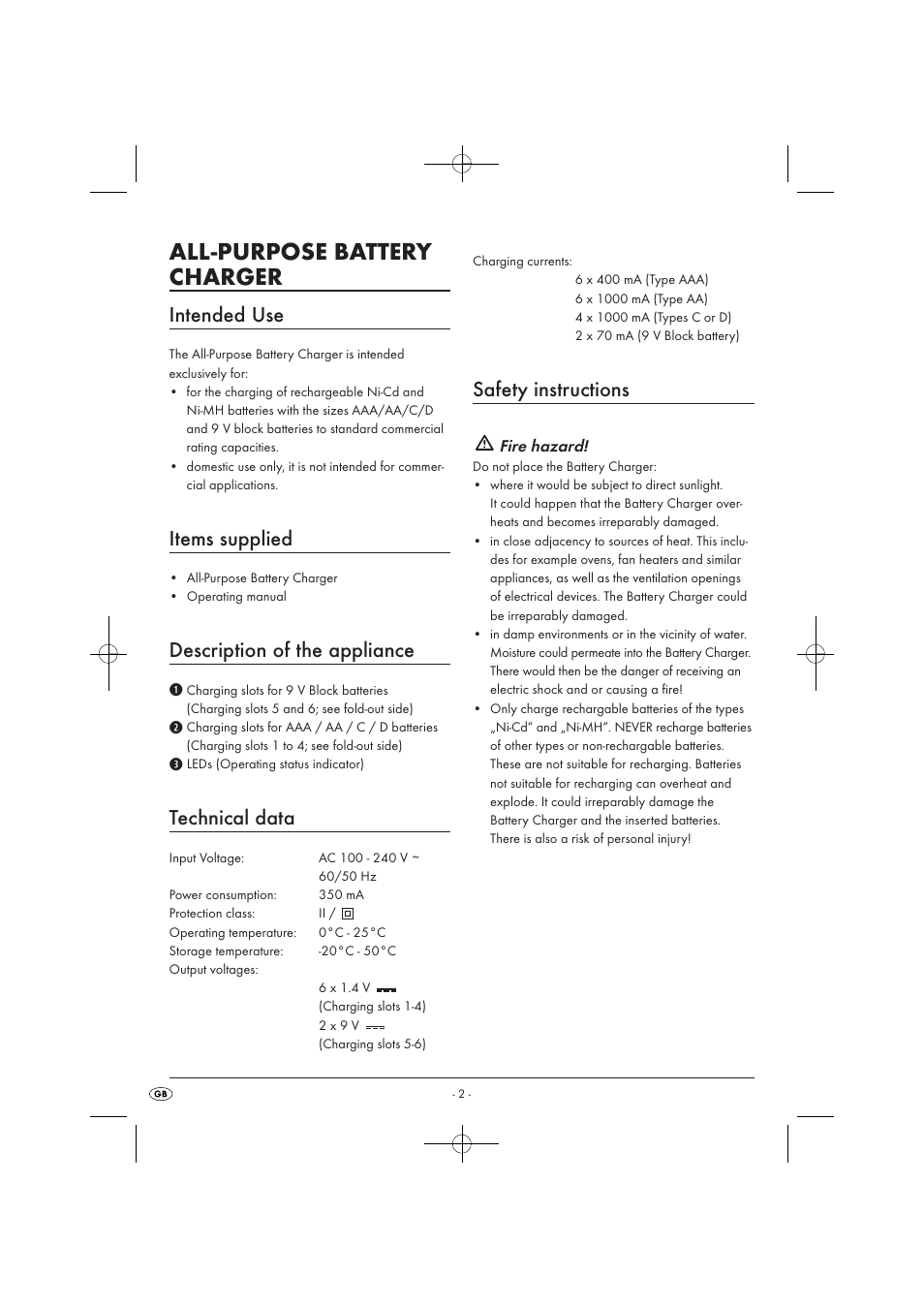 All-purpose battery charger, Intended use, Items supplied | Description of the appliance, Technical data, Safety instructions | Tronic TLG 1000 A1 User Manual | Page 4 / 66