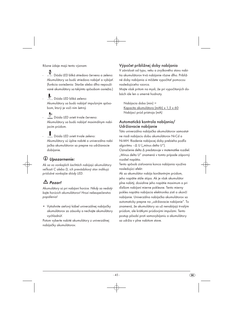 Upozornenie, Pozor, Výpočet približnej doby nabíjania | Tronic TLG 1000 A1 User Manual | Page 47 / 66