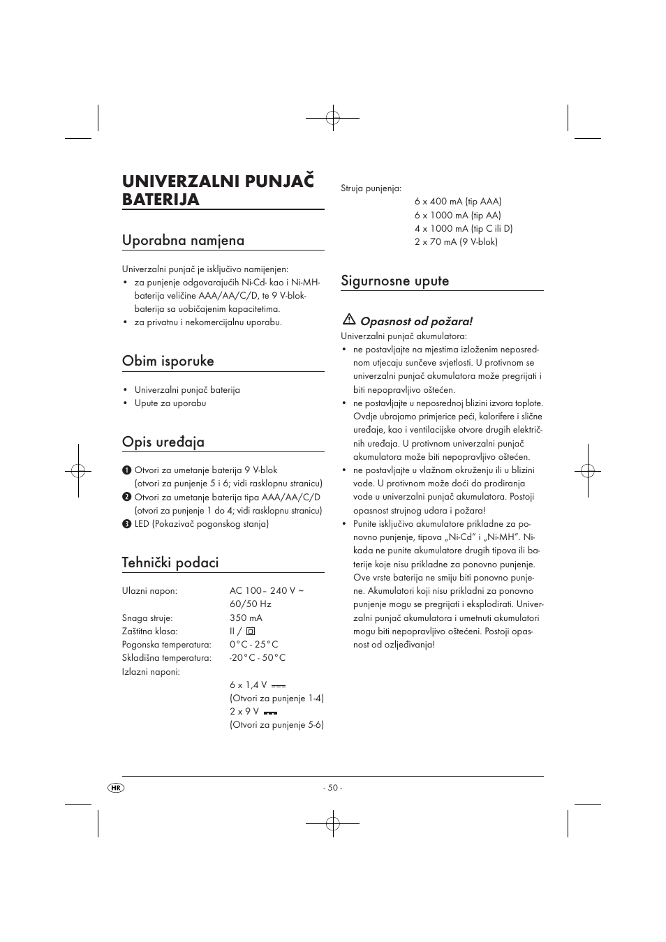 Univerzalni punjač baterija, Uporabna namjena, Obim isporuke | Opis uređaja, Tehnički podaci, Sigurnosne upute | Tronic TLG 1000 A1 User Manual | Page 52 / 66