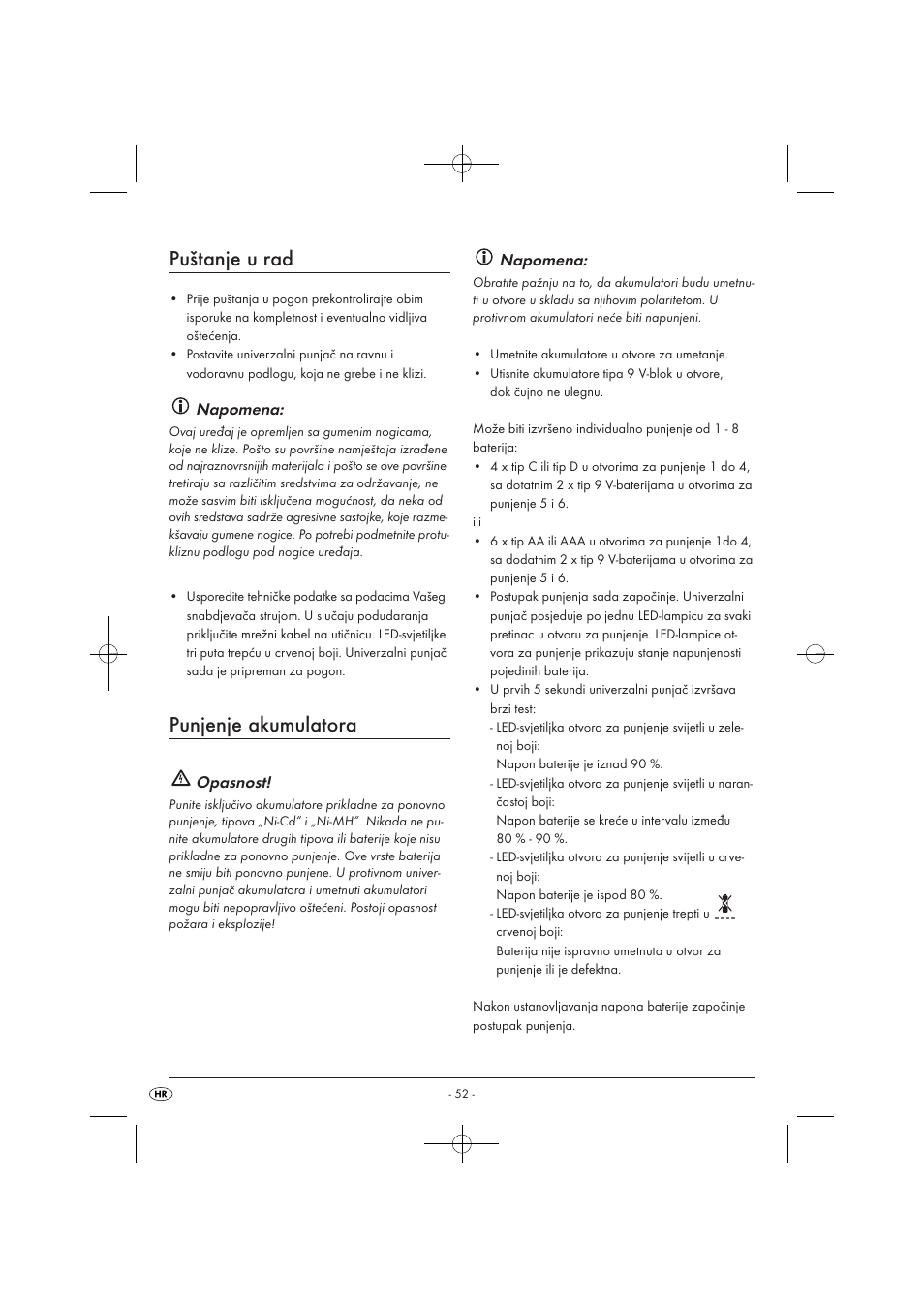 Puštanje u rad, Punjenje akumulatora, Napomena | Opasnost | Tronic TLG 1000 A1 User Manual | Page 54 / 66