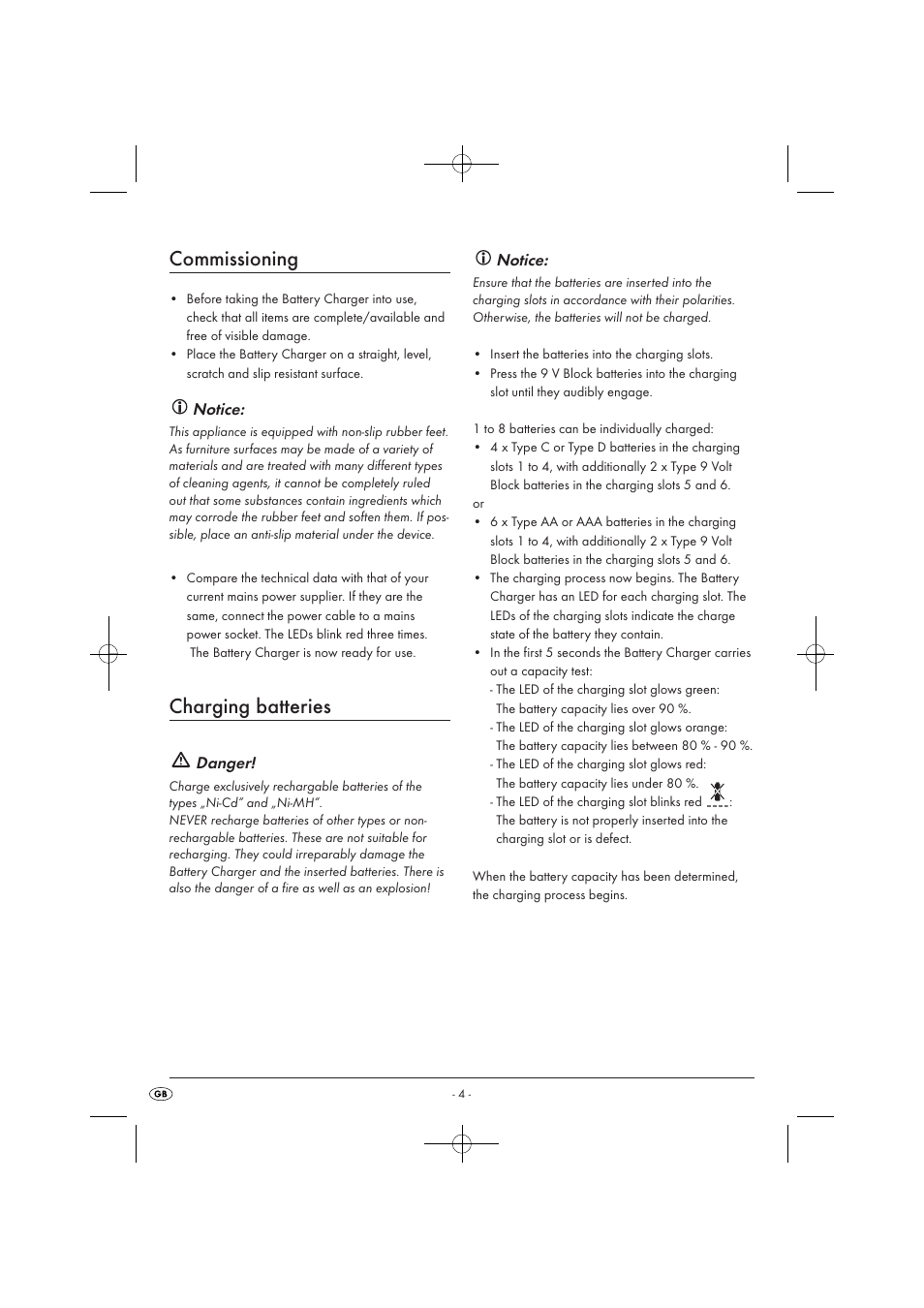 Commissioning, Charging batteries, Notice | Danger | Tronic TLG 1000 A1 User Manual | Page 6 / 66