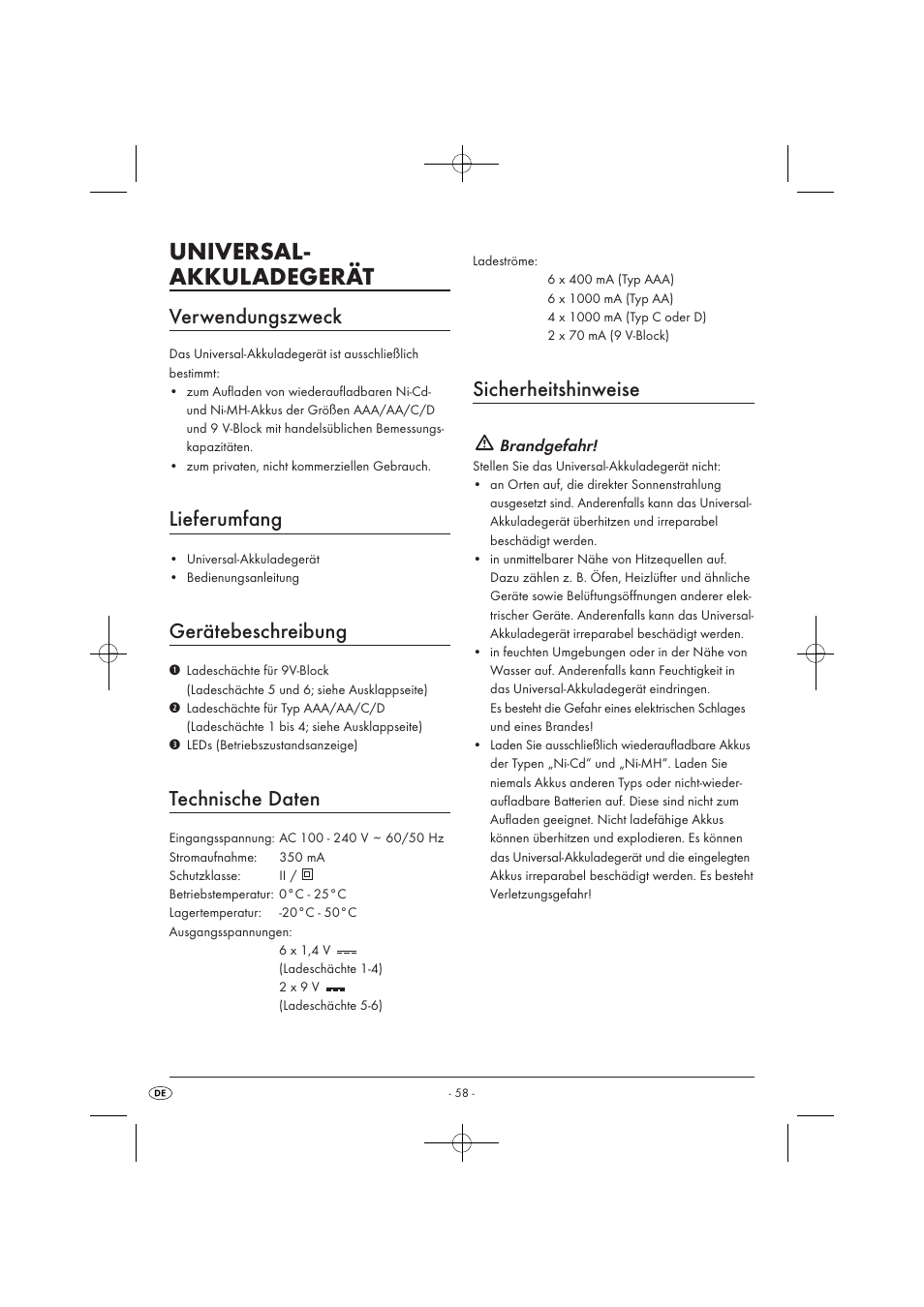 Universal- akkuladegerät, Verwendungszweck, Lieferumfang | Gerätebeschreibung, Technische daten, Sicherheitshinweise | Tronic TLG 1000 A1 User Manual | Page 60 / 66