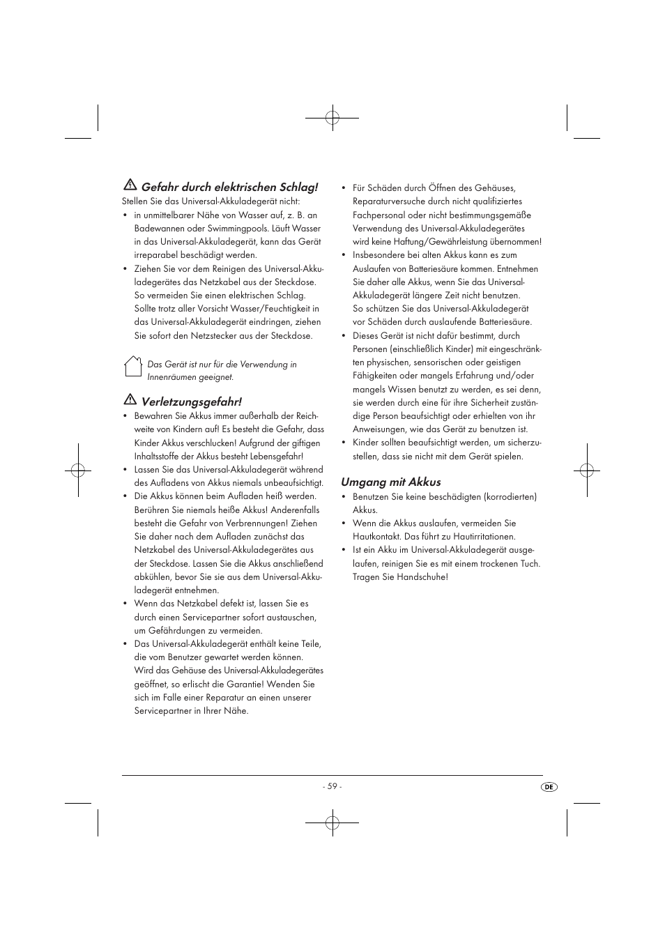 Gefahr durch elektrischen schlag, Verletzungsgefahr, Umgang mit akkus | Tronic TLG 1000 A1 User Manual | Page 61 / 66