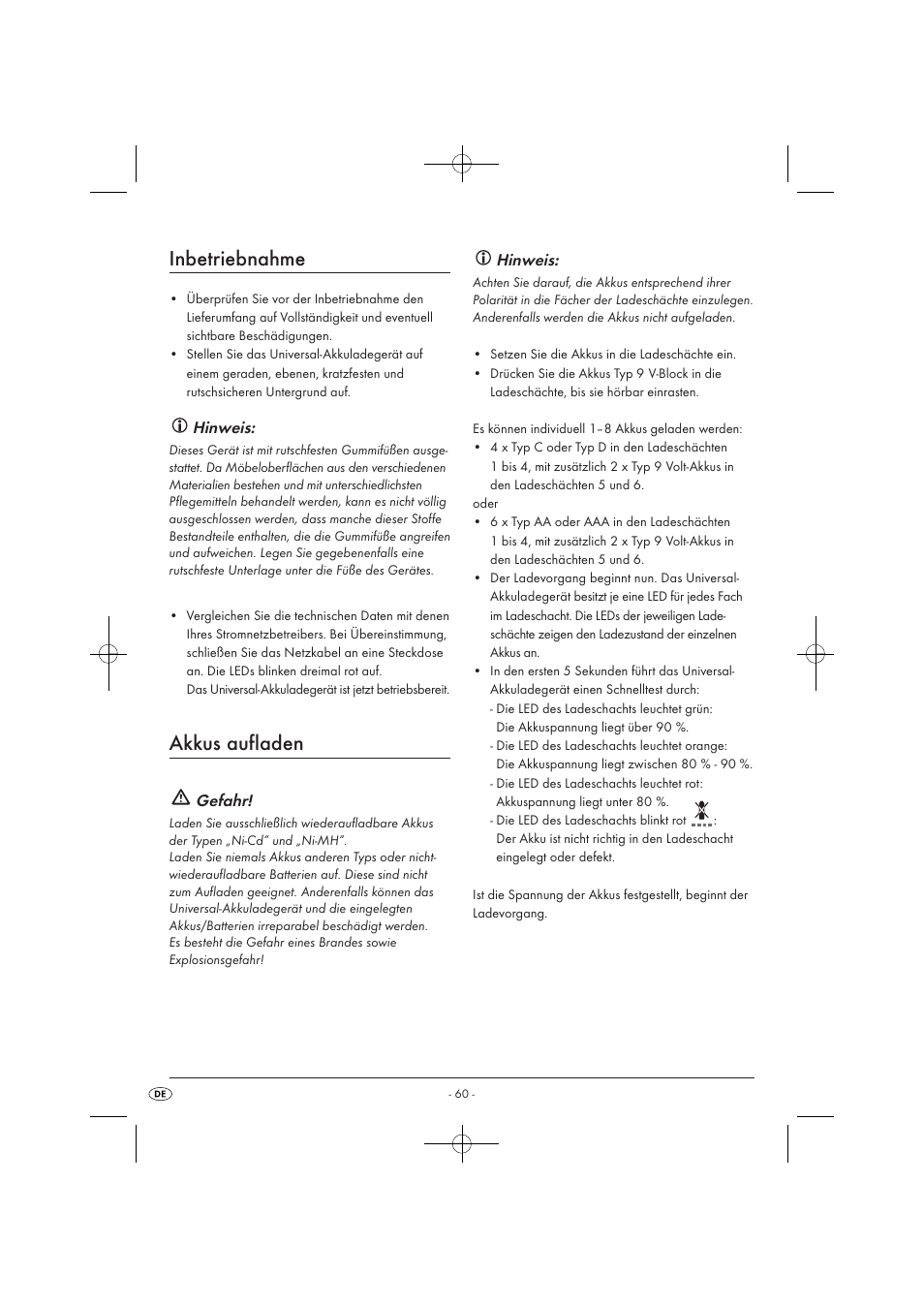 Inbetriebnahme, Akkus aufladen, Hinweis | Gefahr | Tronic TLG 1000 A1 User Manual | Page 62 / 66