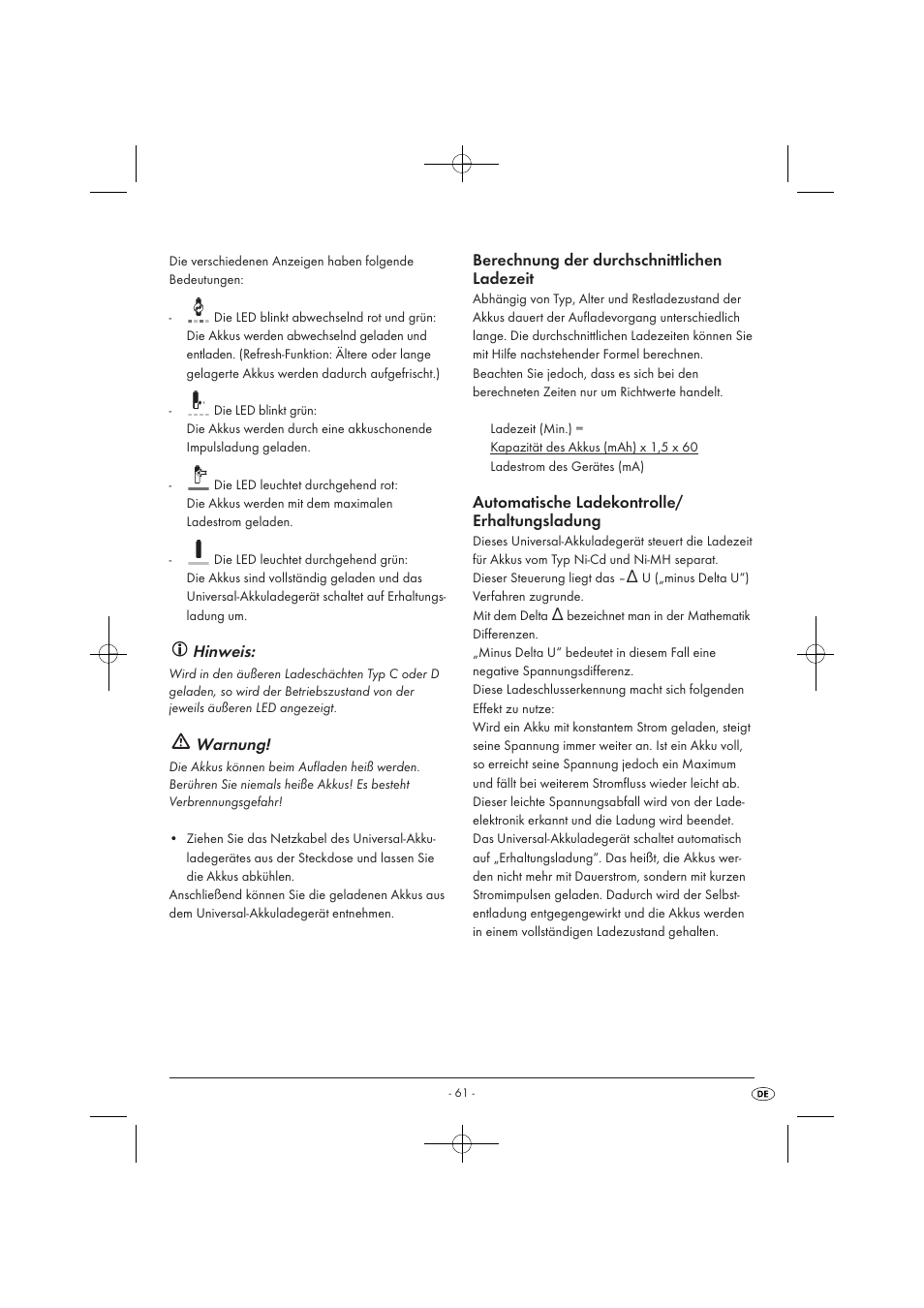 Hinweis, Warnung, Berechnung der durchschnittlichen ladezeit | Automatische ladekontrolle/ erhaltungsladung | Tronic TLG 1000 A1 User Manual | Page 63 / 66