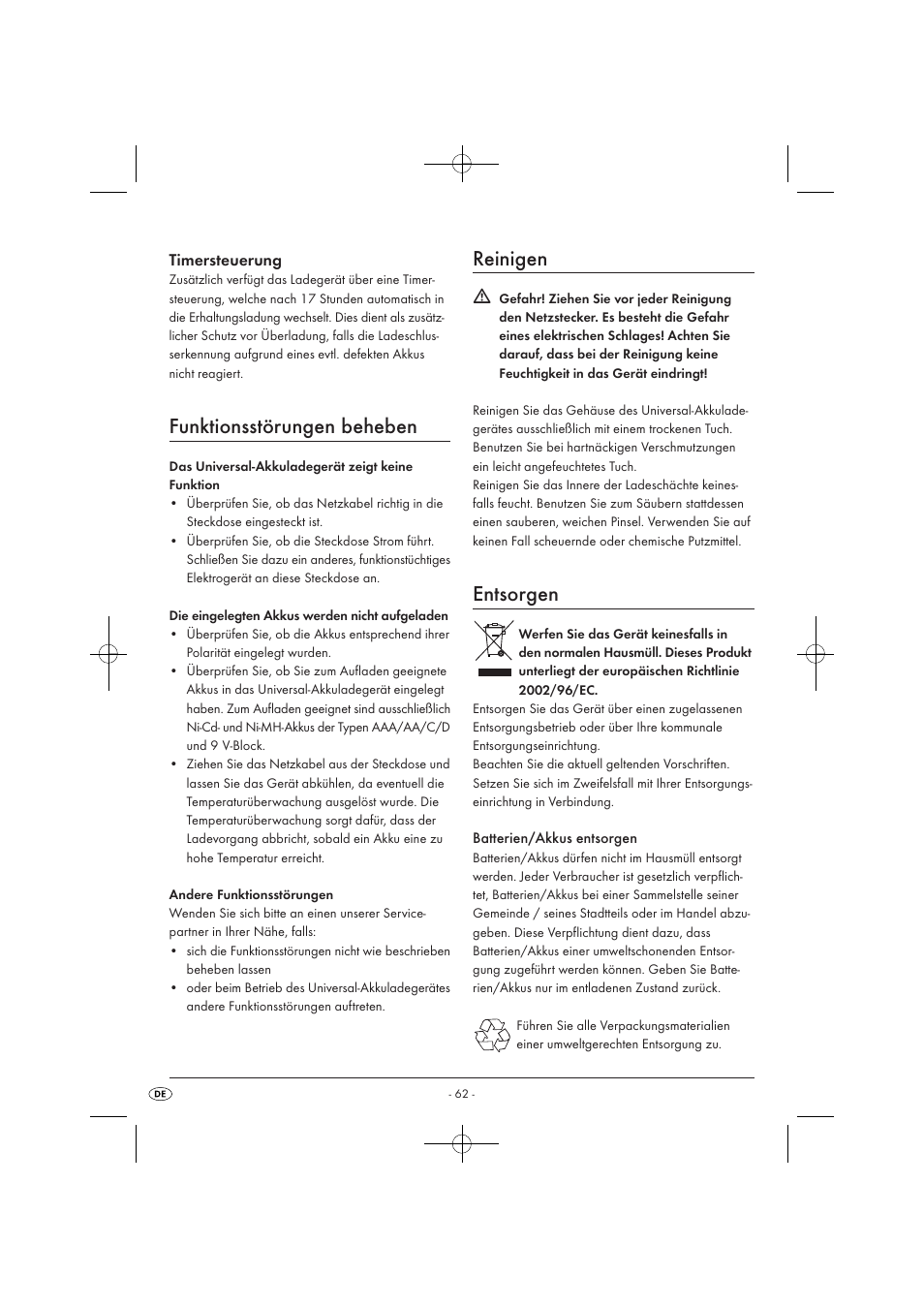 Funktionsstörungen beheben, Reinigen, Entsorgen | Timersteuerung | Tronic TLG 1000 A1 User Manual | Page 64 / 66