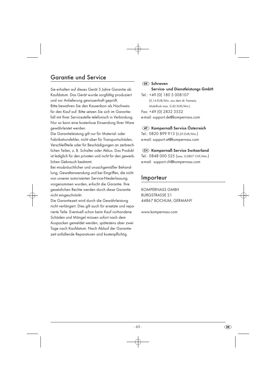 Garantie und service, Importeur | Tronic TLG 1000 A1 User Manual | Page 65 / 66