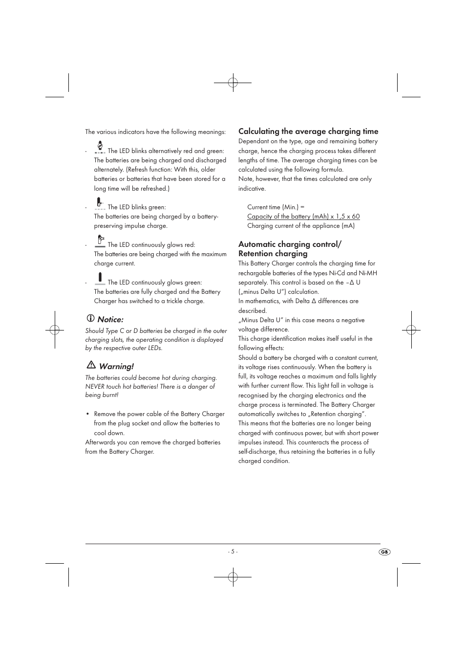 Notice, Warning, Calculating the average charging time | Automatic charging control/ retention charging | Tronic TLG 1000 A1 User Manual | Page 7 / 66