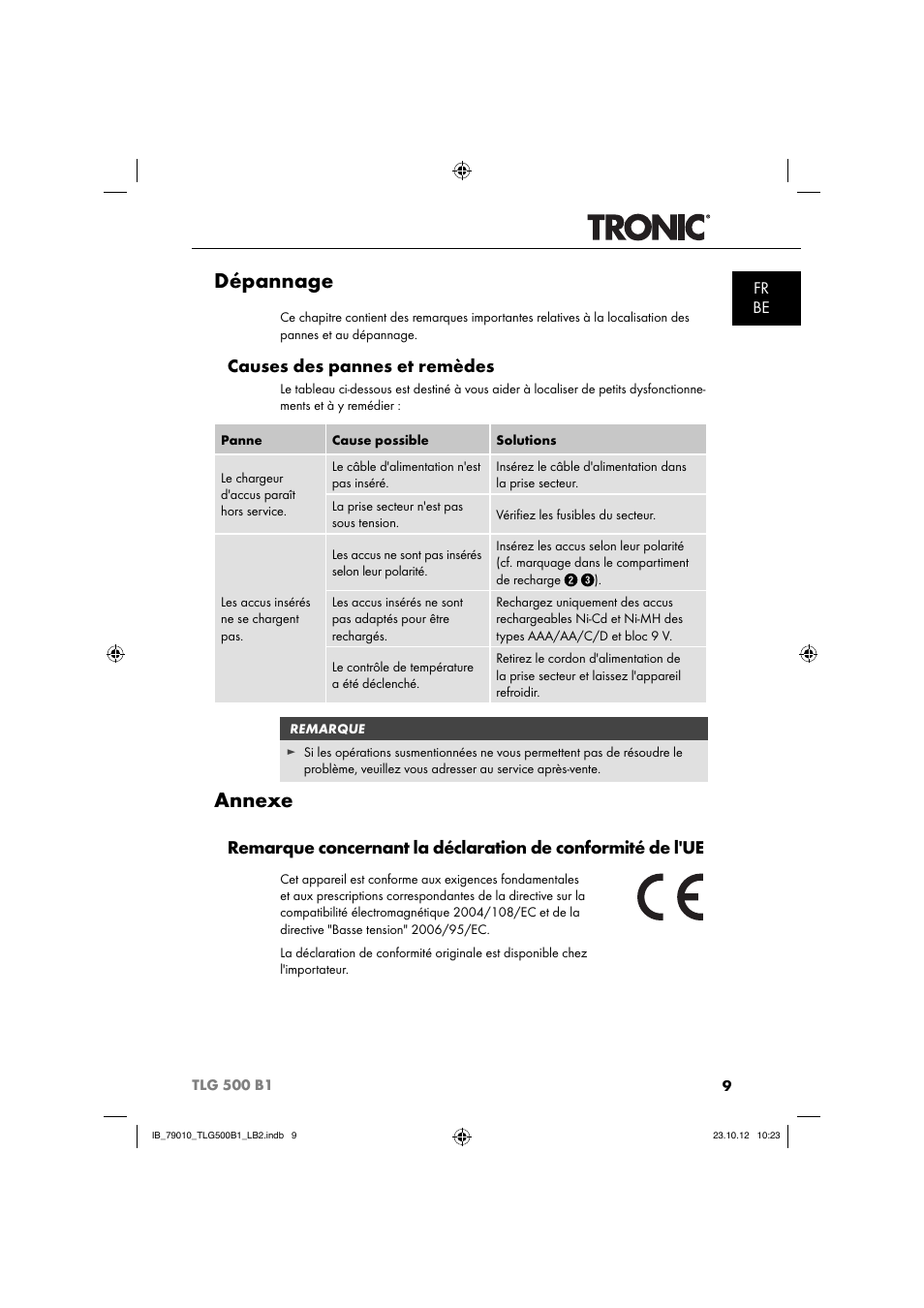 Dépannage, Annexe, Causes des pannes et remèdes | Fr be | Tronic TLG 500 B1 User Manual | Page 12 / 52