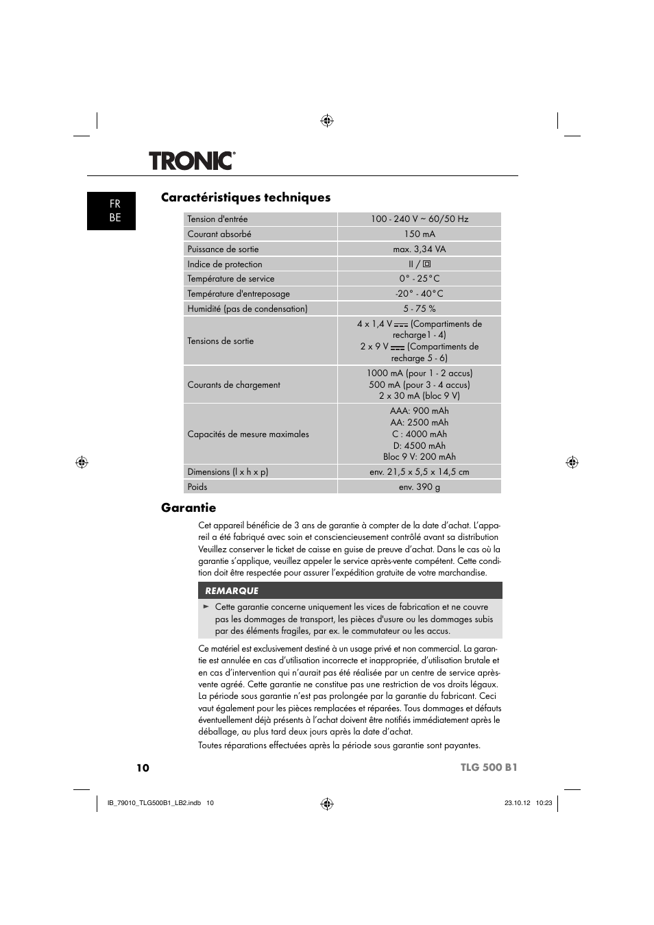 Caractéristiques techniques, Garantie, Fr be | Tronic TLG 500 B1 User Manual | Page 13 / 52