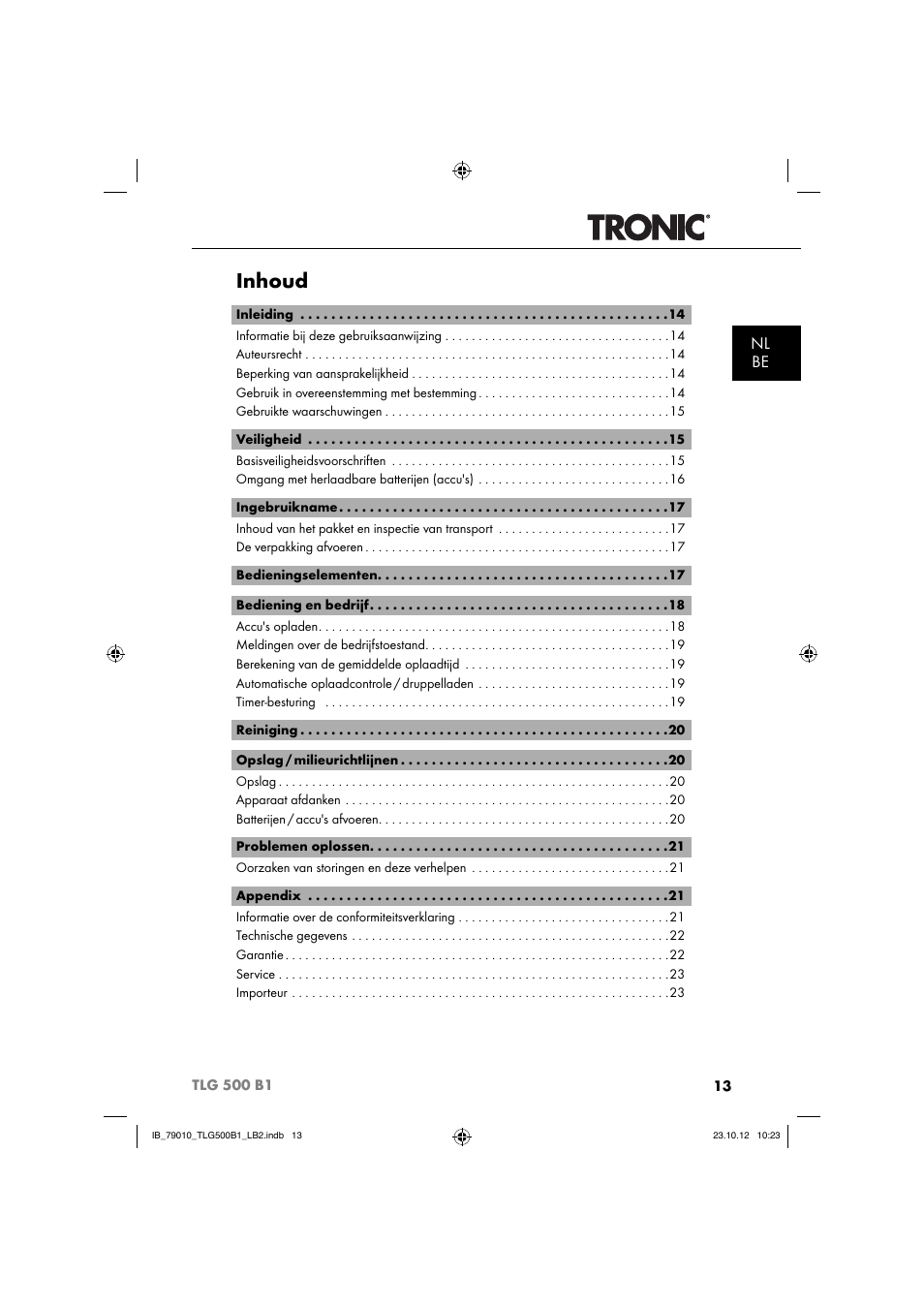 Inhoud, Nl be | Tronic TLG 500 B1 User Manual | Page 16 / 52