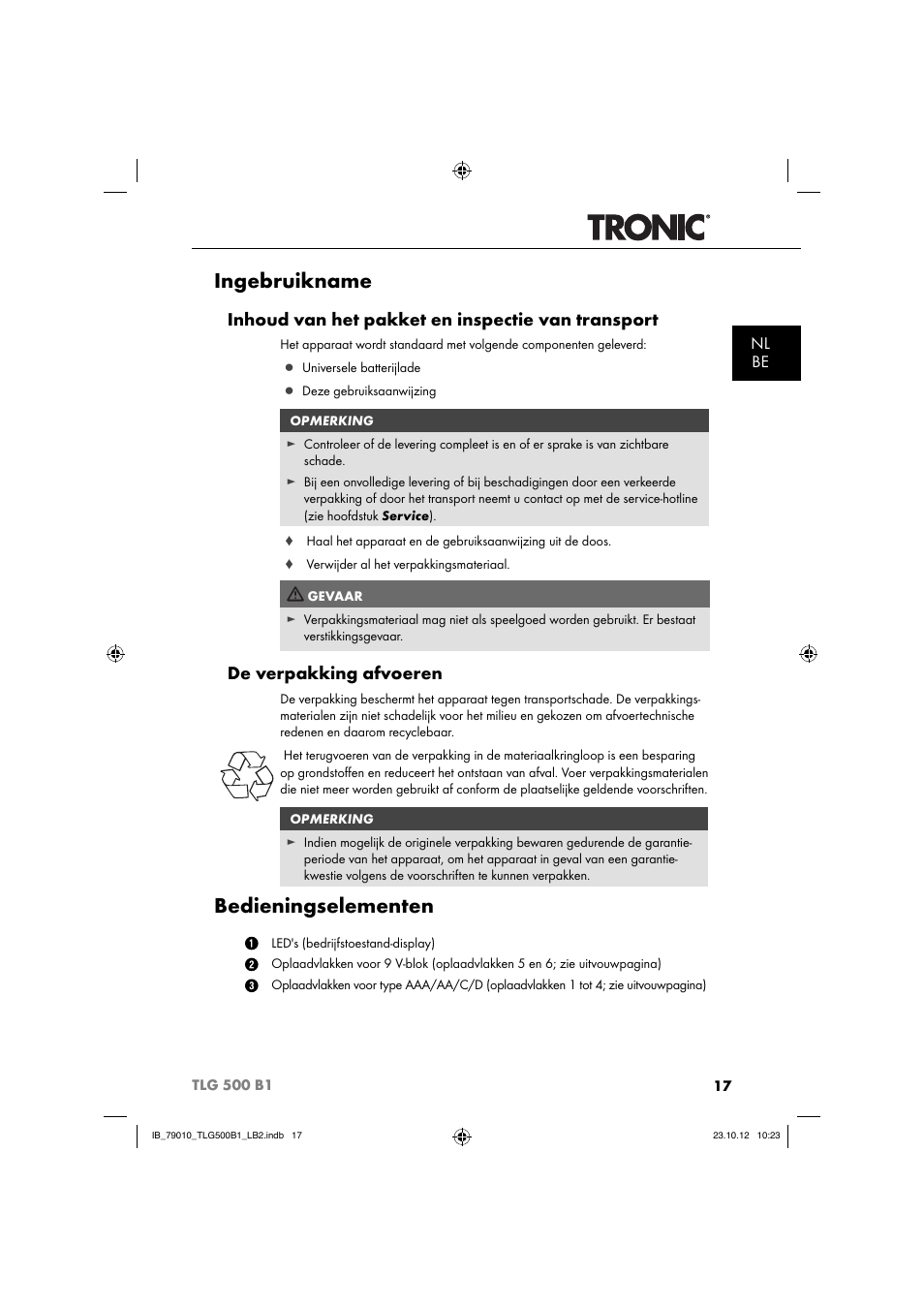 Ingebruikname, Bedieningselementen, Inhoud van het pakket en inspectie van transport | De verpakking afvoeren, Nl be | Tronic TLG 500 B1 User Manual | Page 20 / 52