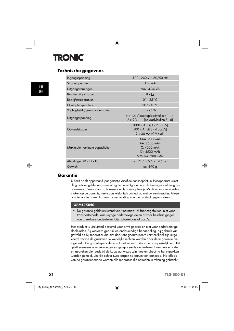 Technische gegevens, Garantie, Nl be | Tronic TLG 500 B1 User Manual | Page 25 / 52