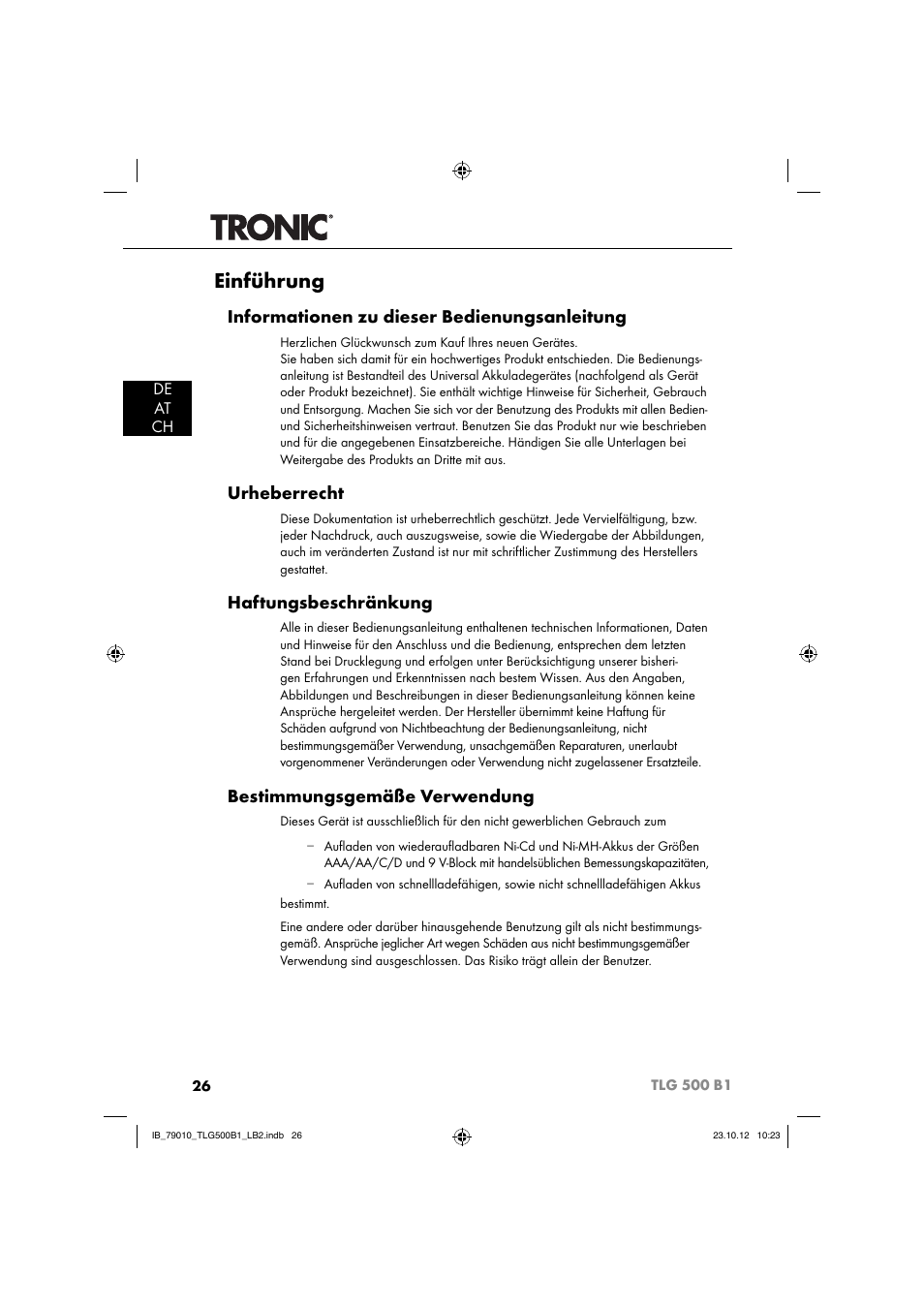 Einführung, Informationen zu dieser bedienungsanleitung, Urheberrecht | Haftungsbeschränkung, Bestimmungsgemäße verwendung, De at ch | Tronic TLG 500 B1 User Manual | Page 29 / 52