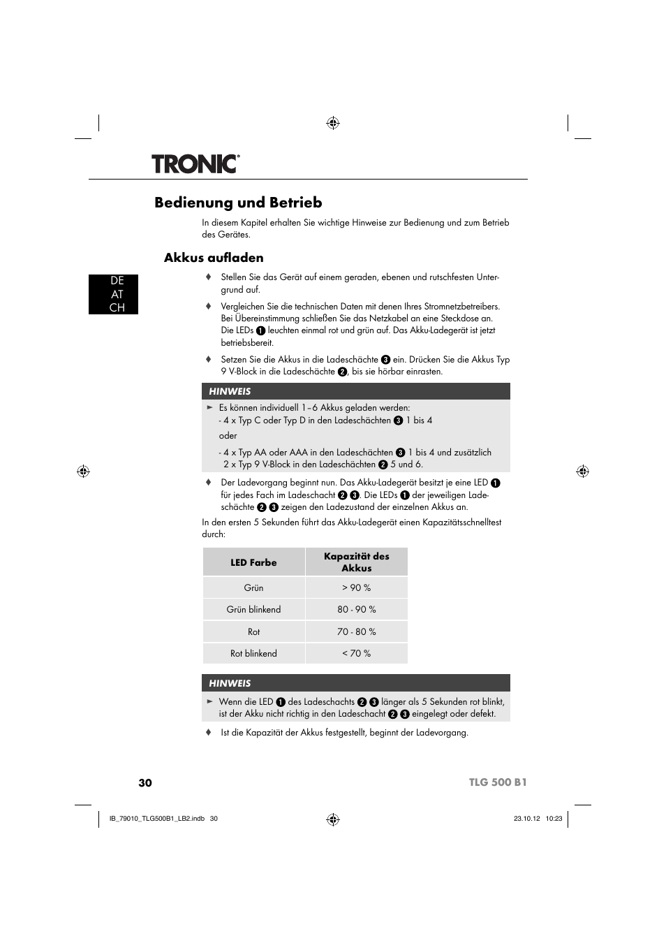 Bedienung und betrieb, Akkus auﬂ aden, De at ch | Tronic TLG 500 B1 User Manual | Page 33 / 52