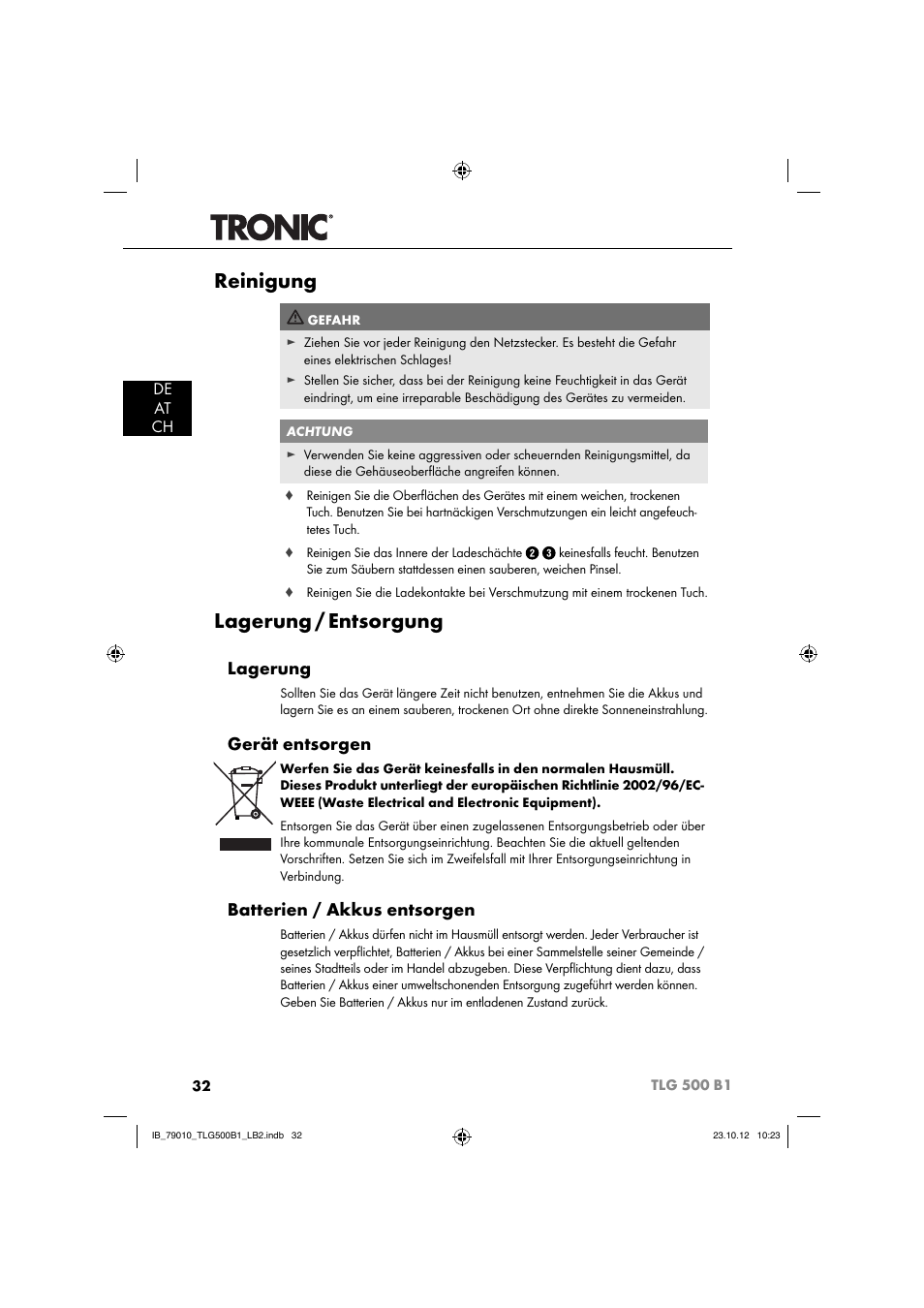 Reinigung, Lagerung / entsorgung, Lagerung | Gerät entsorgen, Batterien / akkus entsorgen, De at ch | Tronic TLG 500 B1 User Manual | Page 35 / 52