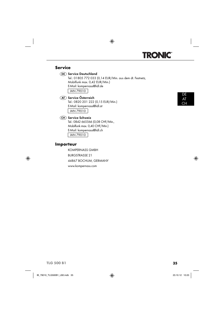 Service, Importeur, De at ch | Tronic TLG 500 B1 User Manual | Page 38 / 52