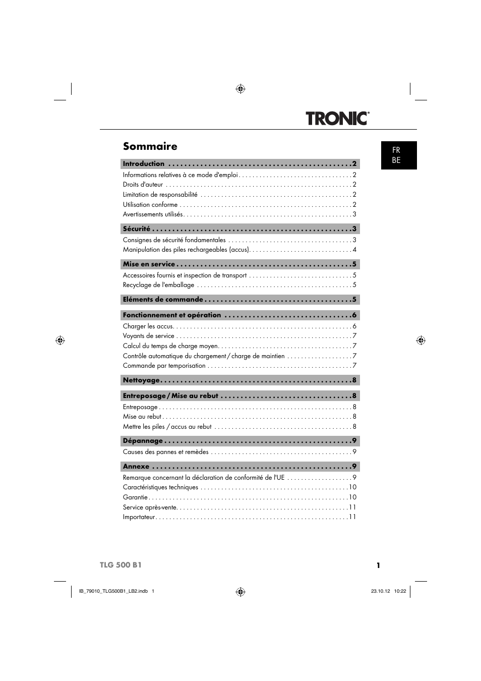 Sommaire, Fr be | Tronic TLG 500 B1 User Manual | Page 4 / 52