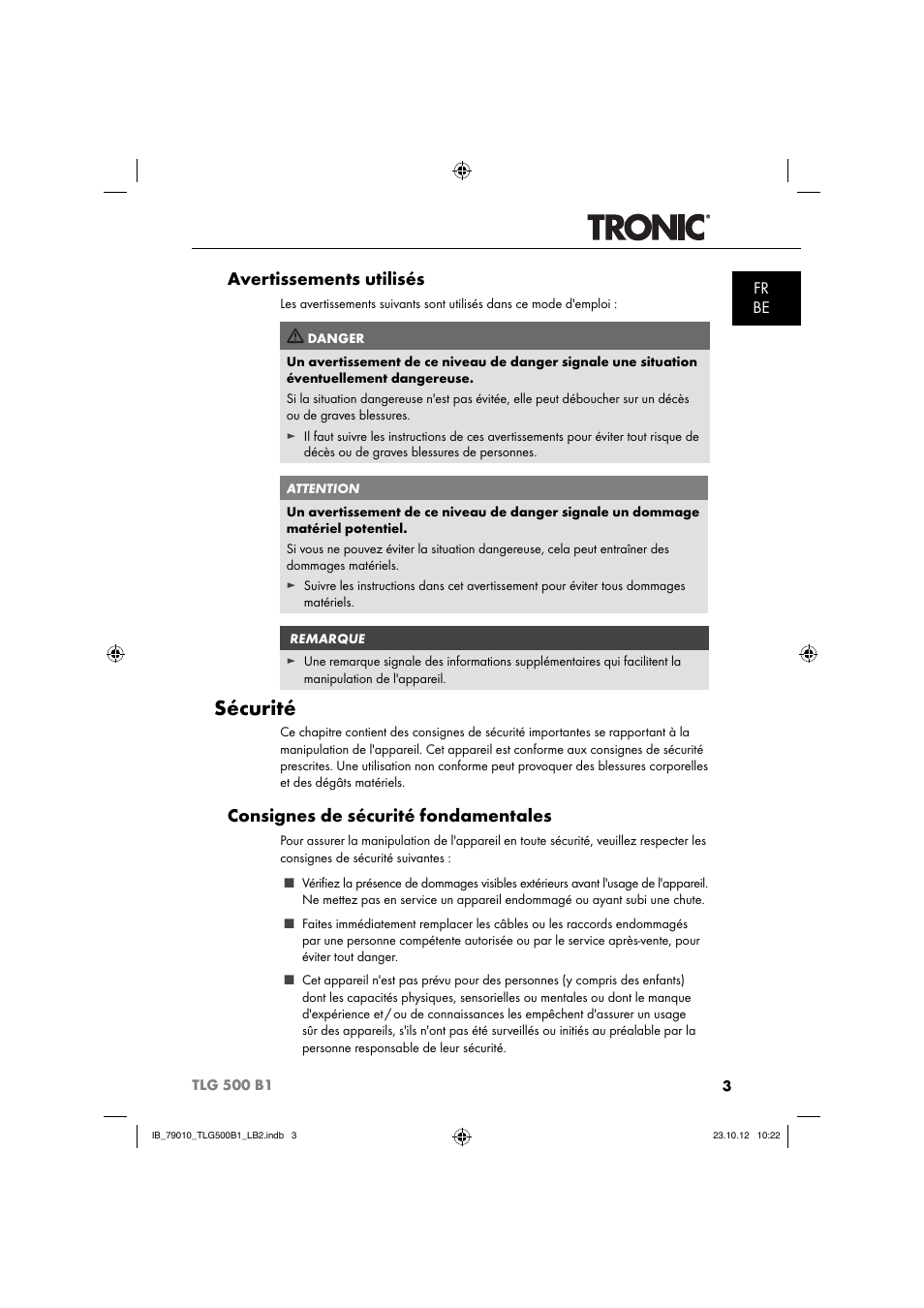 Sécurité, Avertissements utilisés, Consignes de sécurité fondamentales | Fr be | Tronic TLG 500 B1 User Manual | Page 6 / 52