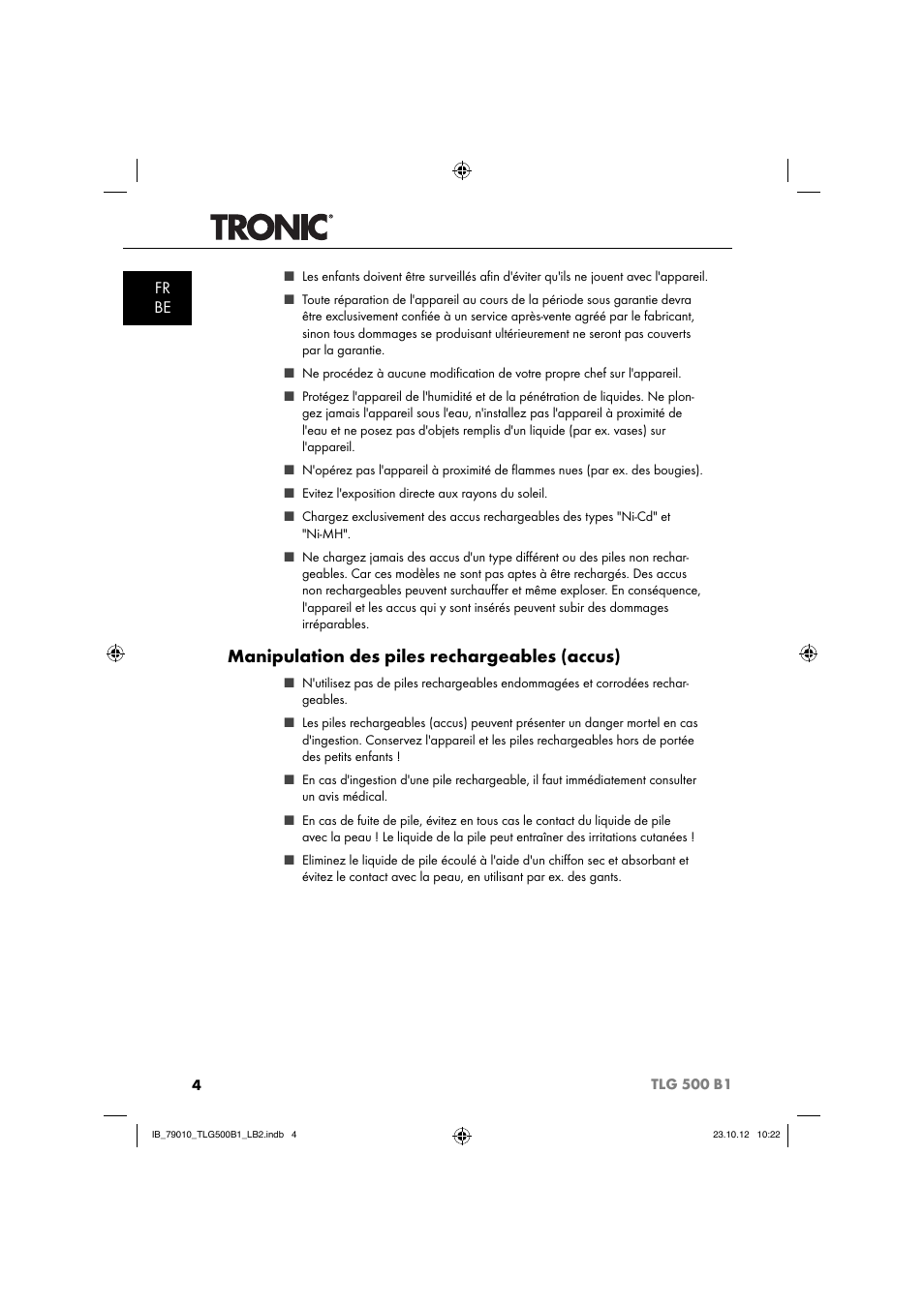 Manipulation des piles rechargeables (accus), Fr be | Tronic TLG 500 B1 User Manual | Page 7 / 52