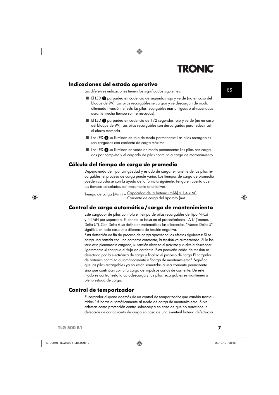 Indicaciones del estado operativo, Cálculo del tiempo de carga de promedio, Control de temporizador | Tronic TLG 500 B1 User Manual | Page 10 / 51