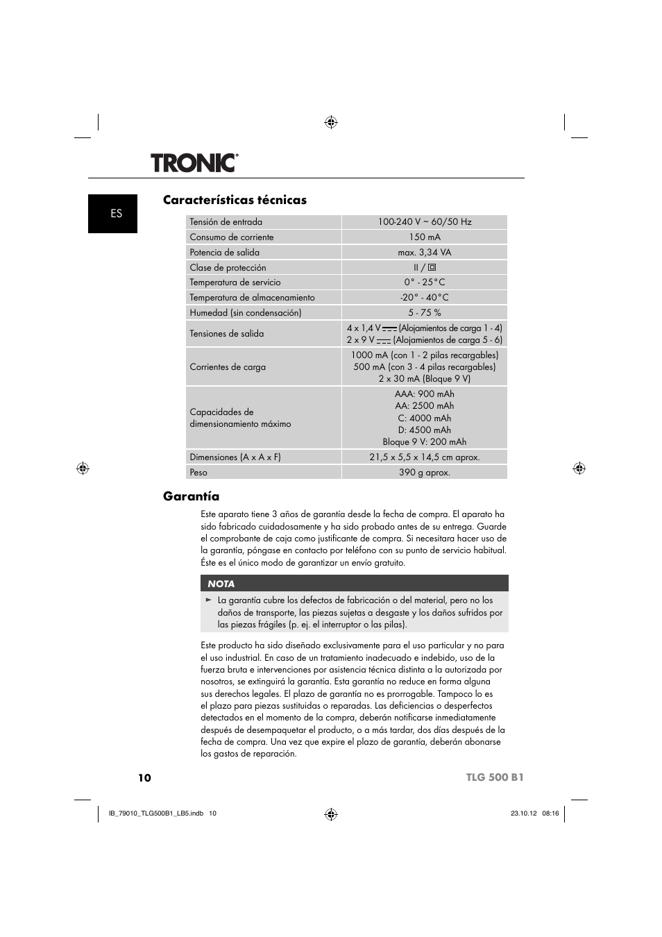 Características técnicas, Garantía | Tronic TLG 500 B1 User Manual | Page 13 / 51