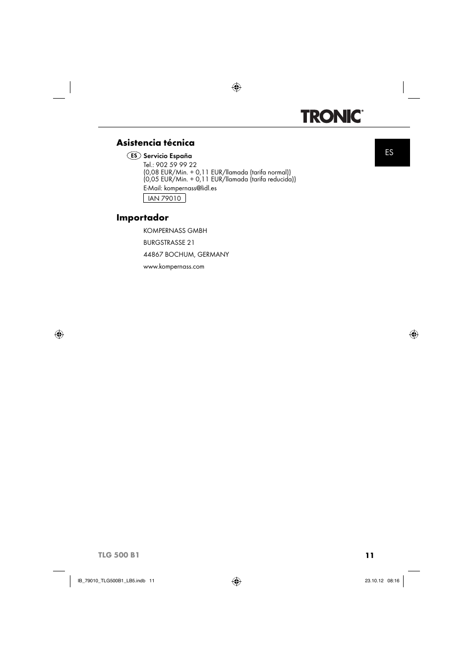 Asistencia técnica, Importador | Tronic TLG 500 B1 User Manual | Page 14 / 51