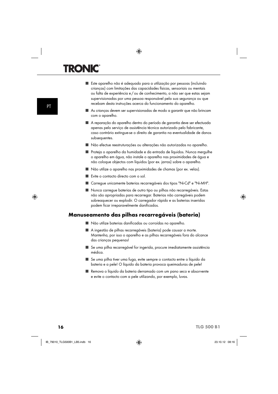 Manuseamento das pilhas recarregáveis (bateria) | Tronic TLG 500 B1 User Manual | Page 19 / 51