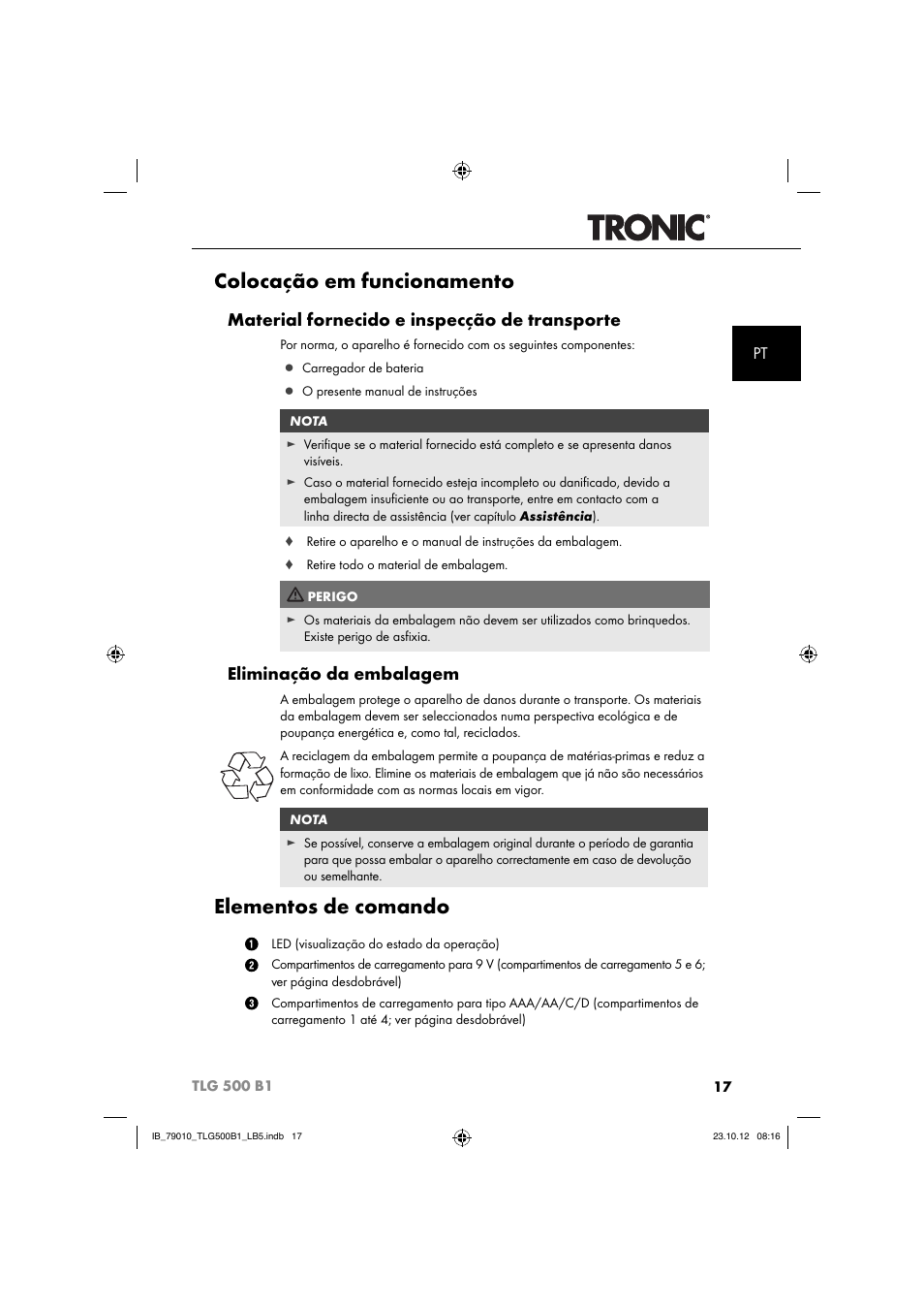 Colocação em funcionamento, Elementos de comando, Material fornecido e inspecção de transporte | Eliminação da embalagem | Tronic TLG 500 B1 User Manual | Page 20 / 51