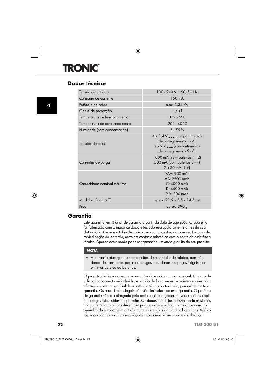 Dados técnicos, Garantia | Tronic TLG 500 B1 User Manual | Page 25 / 51