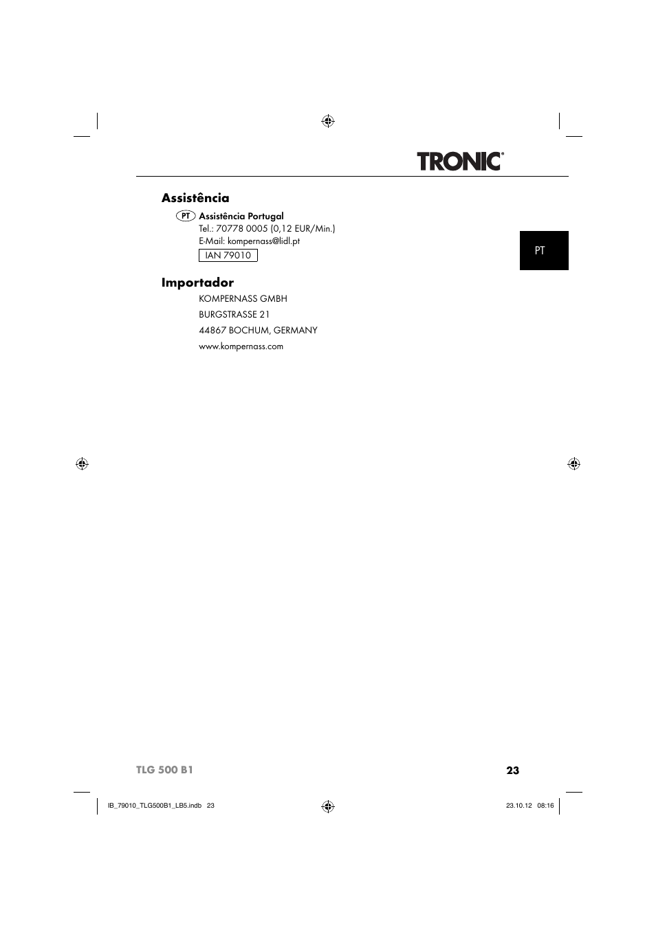 Assistência, Importador | Tronic TLG 500 B1 User Manual | Page 26 / 51