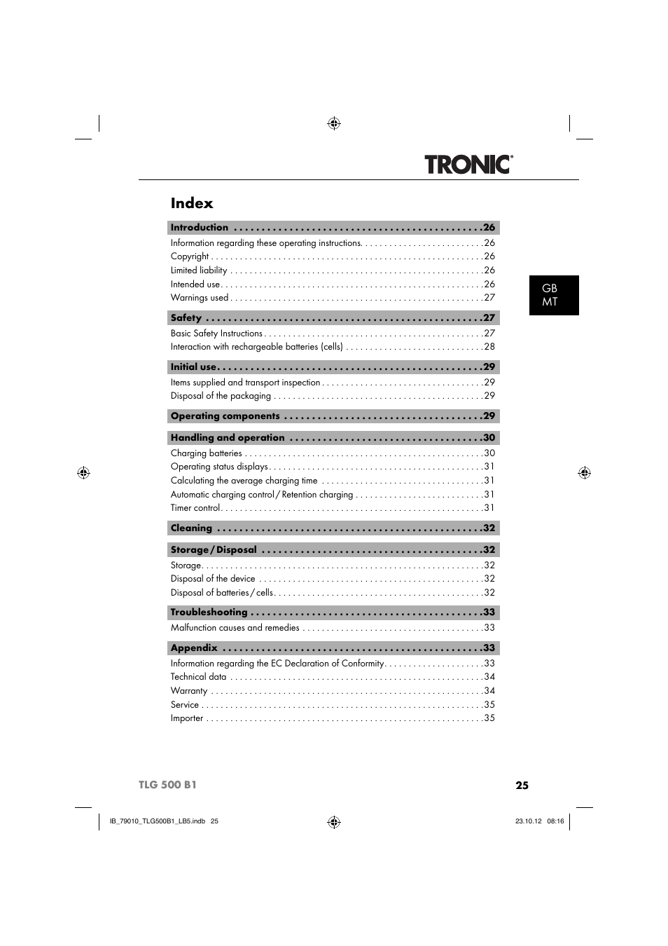Index, Gb mt | Tronic TLG 500 B1 User Manual | Page 28 / 51