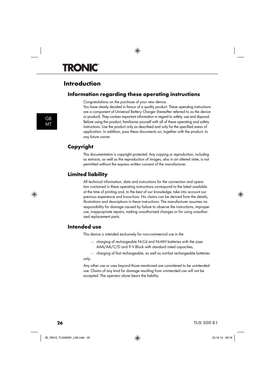 Introduction, Information regarding these operating instructions, Copyright | Limited liability, Intended use, Gb mt | Tronic TLG 500 B1 User Manual | Page 29 / 51