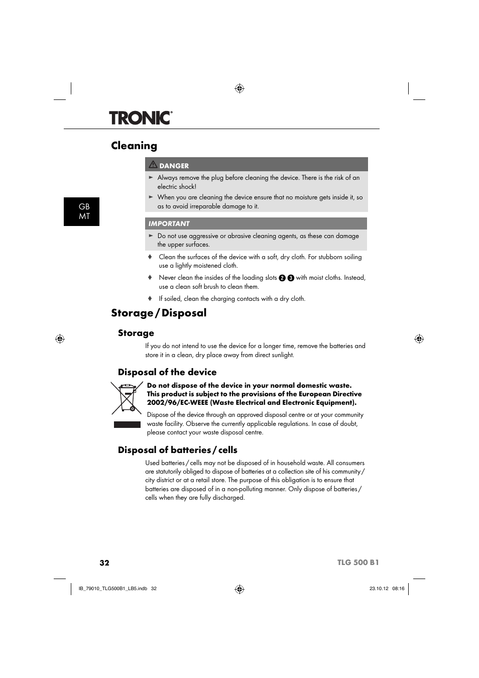 Cleaning, Storage, Disposal | Disposal of the device, Disposal of batteries / cells, Gb mt | Tronic TLG 500 B1 User Manual | Page 35 / 51