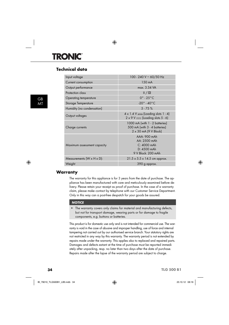 Technical data, Warranty, Gb mt | Tronic TLG 500 B1 User Manual | Page 37 / 51