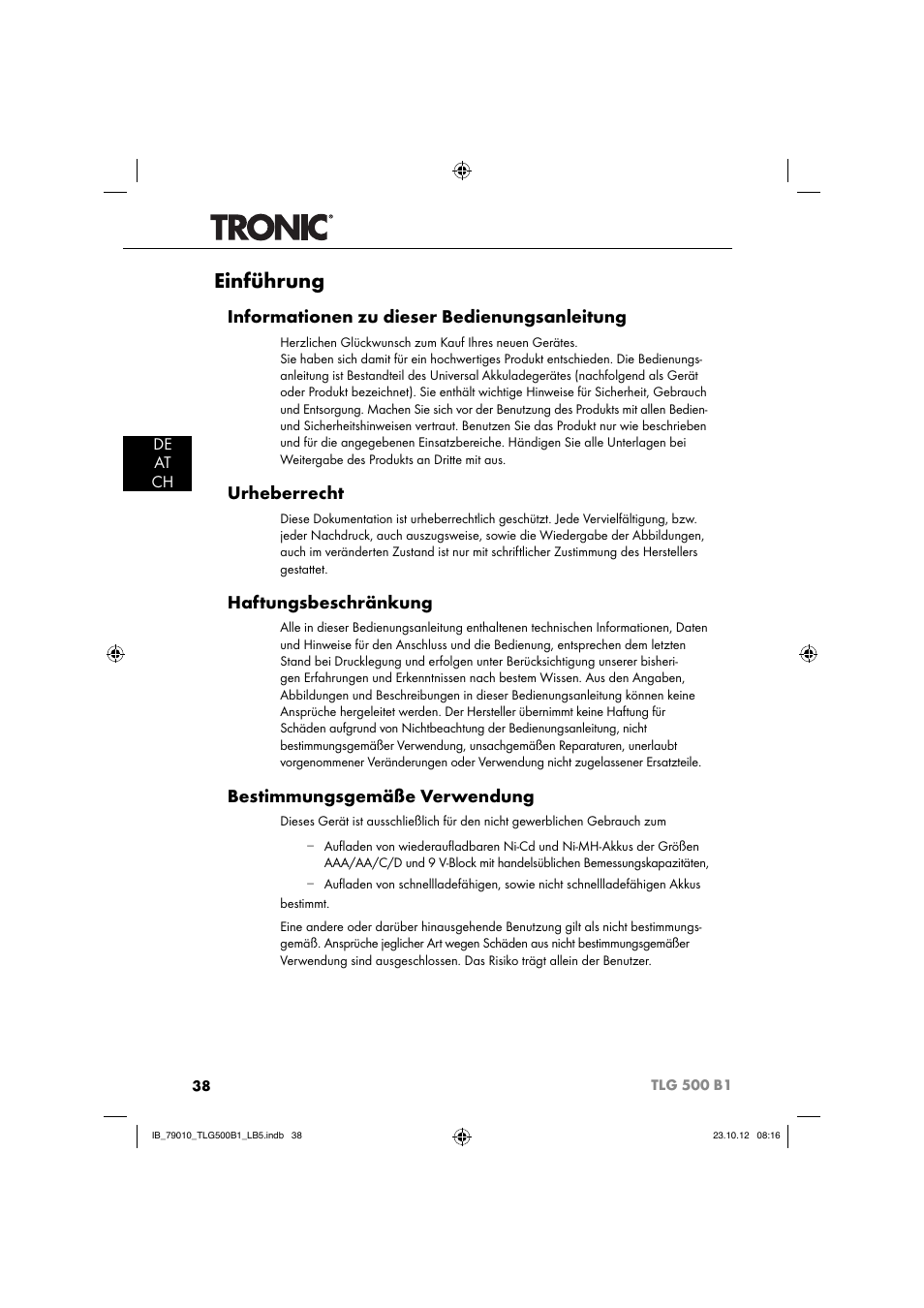 Einführung, Informationen zu dieser bedienungsanleitung, Urheberrecht | Haftungsbeschränkung, Bestimmungsgemäße verwendung, De at ch | Tronic TLG 500 B1 User Manual | Page 41 / 51