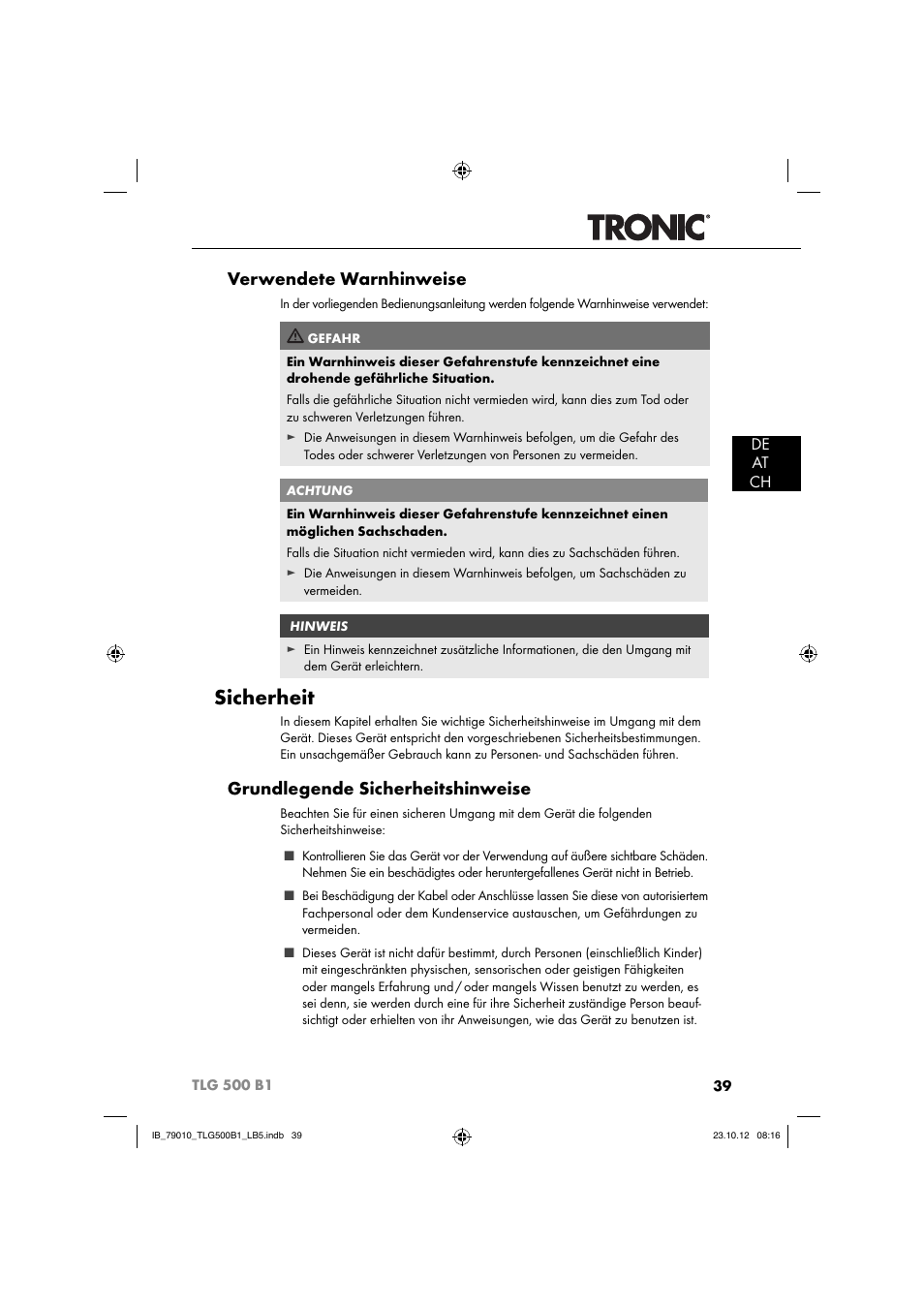 Sicherheit, Verwendete warnhinweise, Grundlegende sicherheitshinweise | De at ch | Tronic TLG 500 B1 User Manual | Page 42 / 51