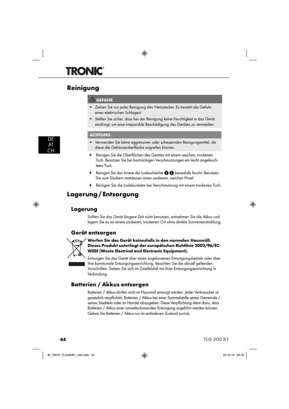 Reinigung, Lagerung / entsorgung, Lagerung | Gerät entsorgen, Batterien / akkus entsorgen, De at ch | Tronic TLG 500 B1 User Manual | Page 47 / 51