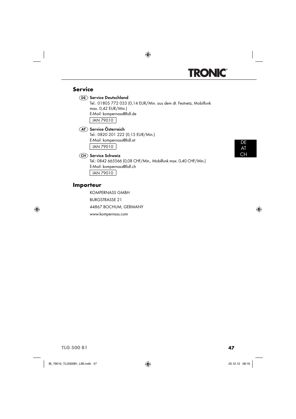 Service, Importeur, De at ch | Tronic TLG 500 B1 User Manual | Page 50 / 51