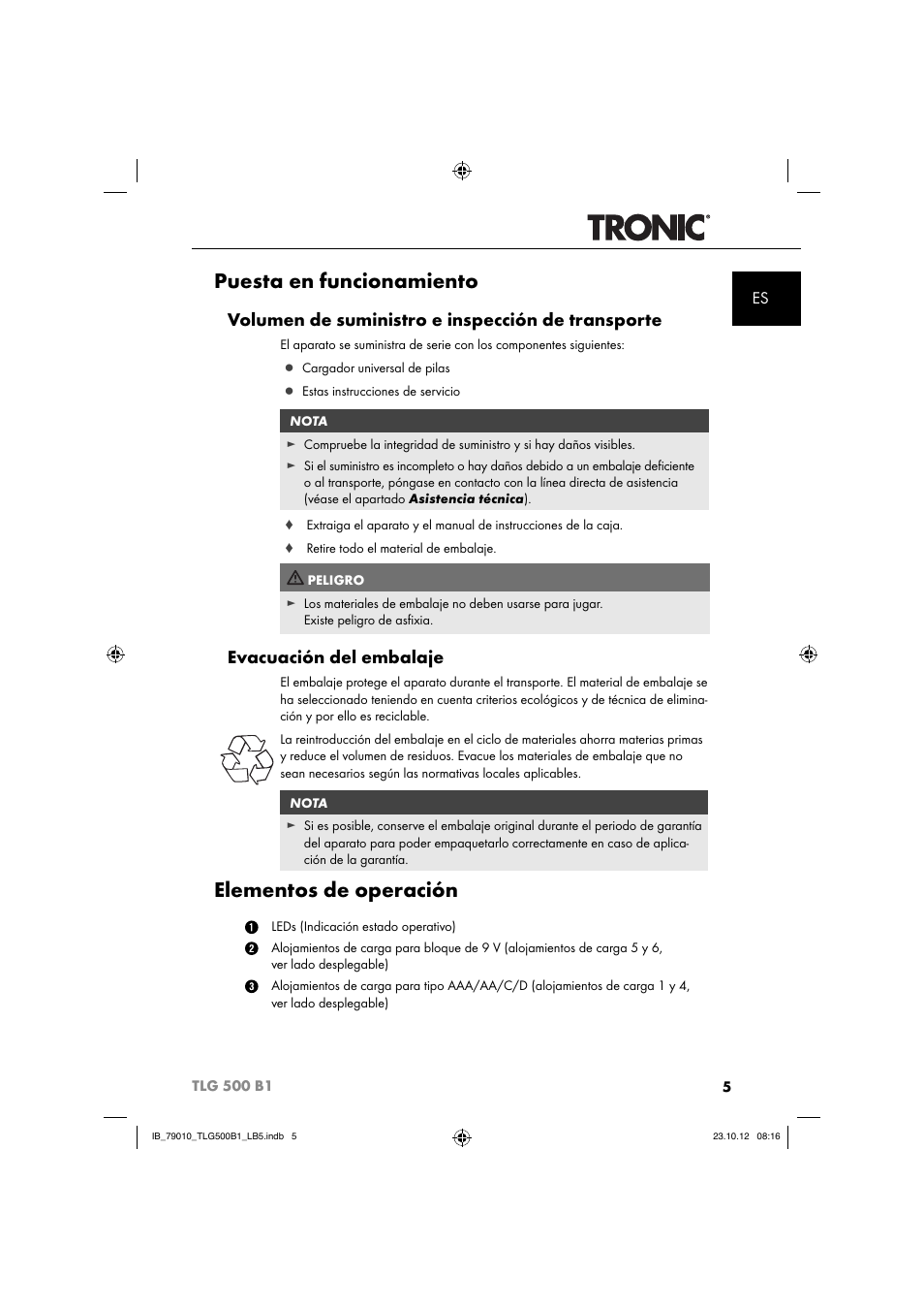 Puesta en funcionamiento, Elementos de operación, Volumen de suministro e inspección de transporte | Evacuación del embalaje | Tronic TLG 500 B1 User Manual | Page 8 / 51