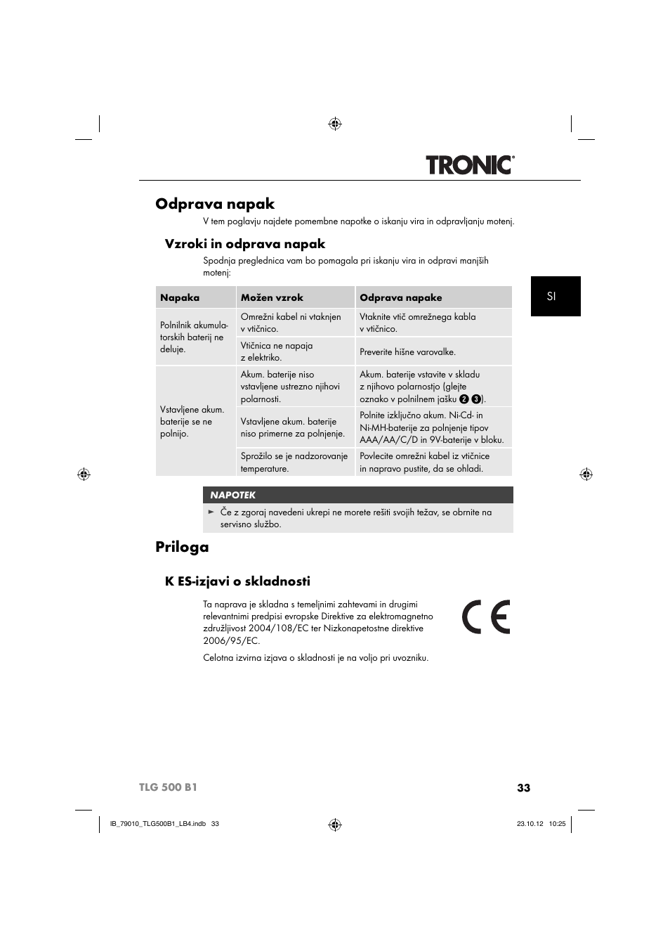 Odprava napak, Priloga, Vzroki in odprava napak | K es-izjavi o skladnosti | Tronic TLG 500 B1 User Manual | Page 36 / 75