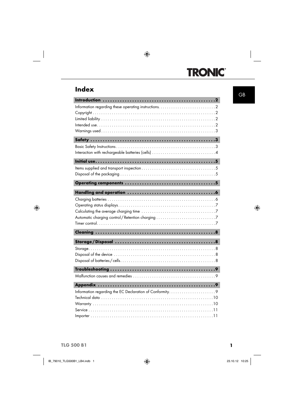Index | Tronic TLG 500 B1 User Manual | Page 4 / 75