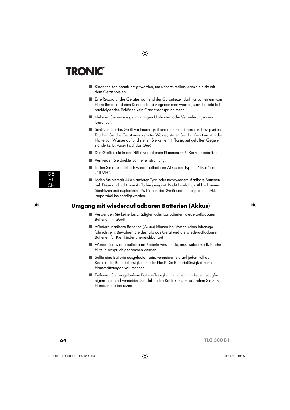 Umgang mit wiederauﬂ adbaren batterien (akkus), De at ch | Tronic TLG 500 B1 User Manual | Page 67 / 75