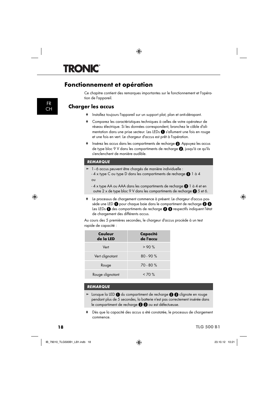 Fonctionnement et opération, Charger les accus, Fr ch | Tronic TLG 500 B1 User Manual | Page 21 / 63