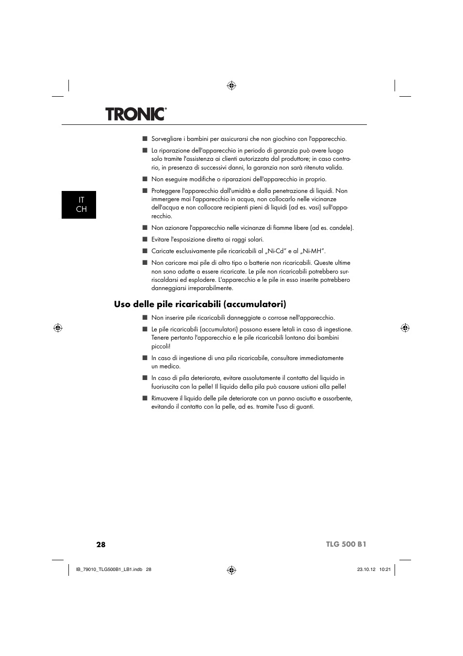 Uso delle pile ricaricabili (accumulatori), It ch | Tronic TLG 500 B1 User Manual | Page 31 / 63