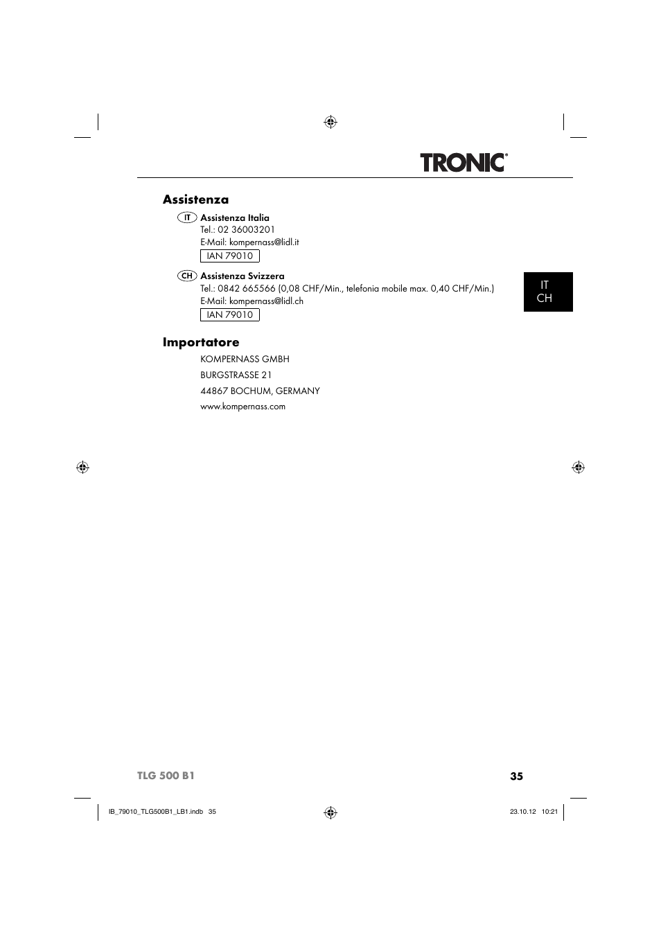 Assistenza, Importatore, It ch | Tronic TLG 500 B1 User Manual | Page 38 / 63