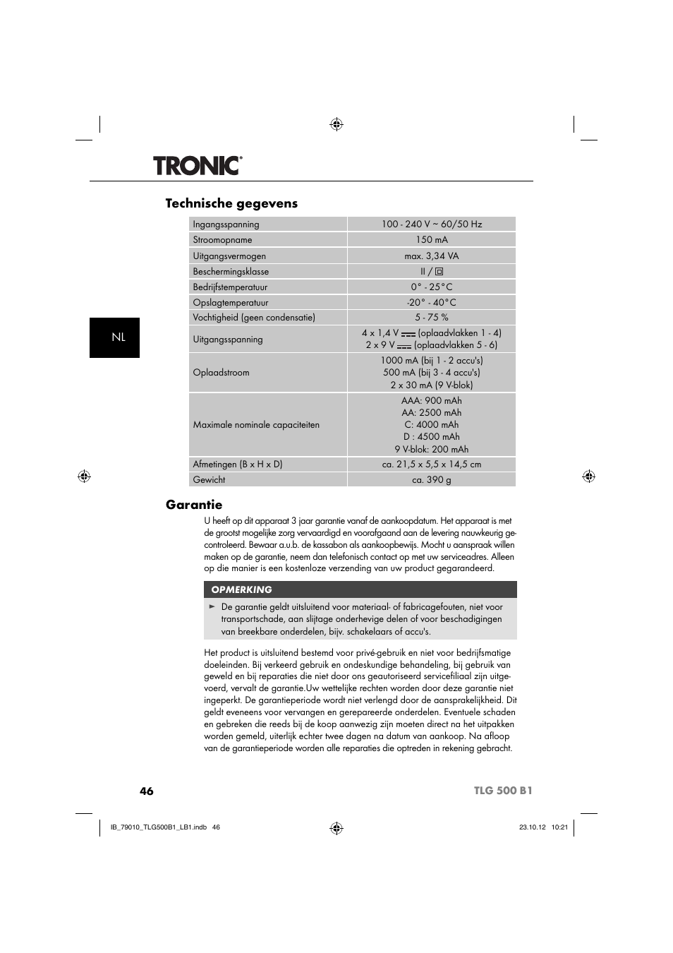 Technische gegevens, Garantie | Tronic TLG 500 B1 User Manual | Page 49 / 63