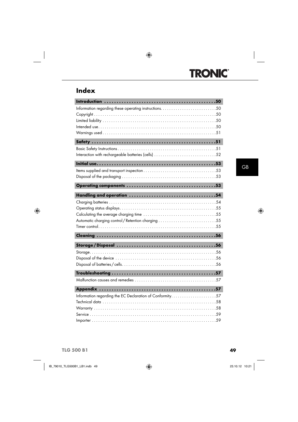 Index | Tronic TLG 500 B1 User Manual | Page 52 / 63