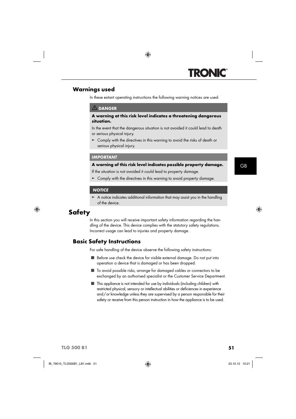 Safety, Warnings used, Basic safety instructions | Tronic TLG 500 B1 User Manual | Page 54 / 63